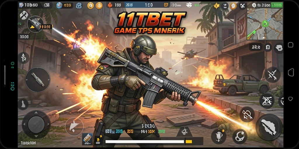 Screenshot utama 11TBET menampilkan aksi gameplay TPS yang intens.