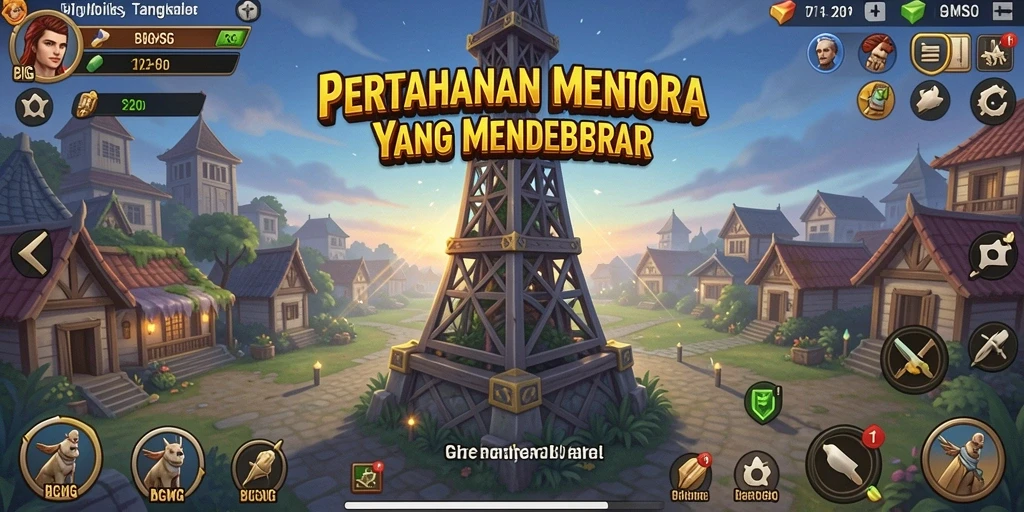 Tampilan gameplay BIGMSG yang menarik dengan berbagai menara dan musuh.