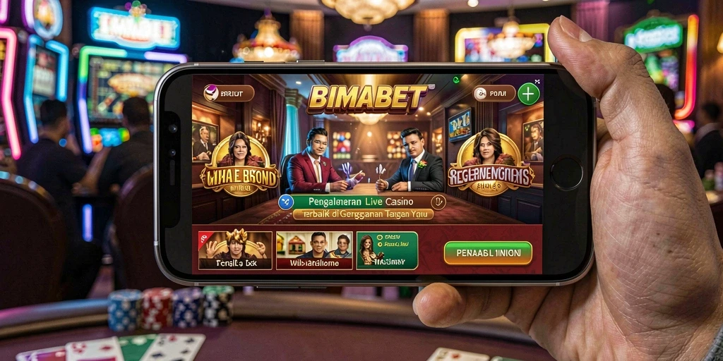 Screenshot gameplay <strong>BIMABET</strong> menampilkan dealer profesional dan suasana kasino yang mengesankan.