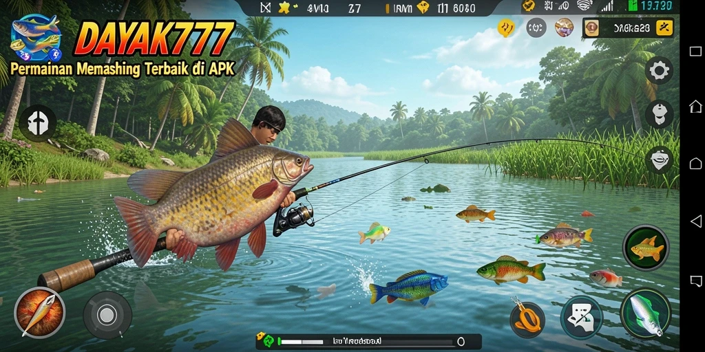 Screenshot menunjukkan gameplay memancing yang menarik dan mendebarkan.