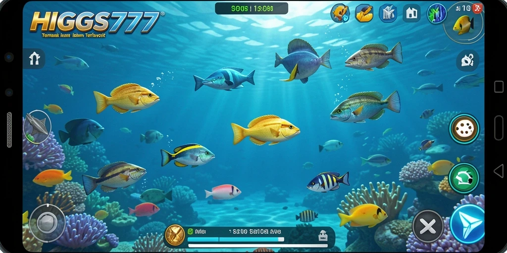 Tampilan gameplay seru di HIGGS777, full warna dan efek menarik saat menembak ikan.