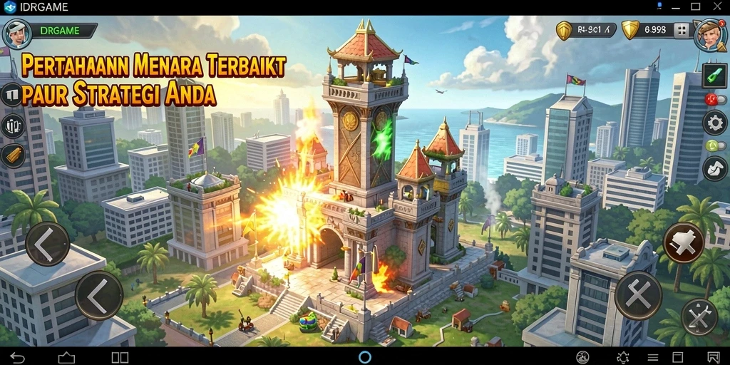 Screenshot gameplay IDRGAME menampilkan aksi pertahanan menara yang seru.
