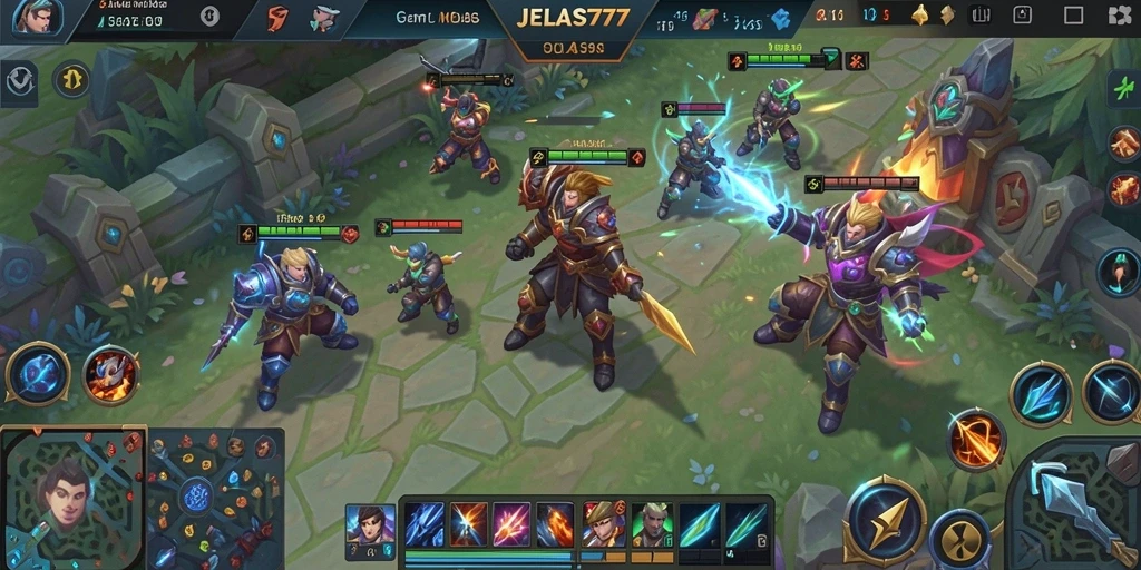 Tangkapan layar utama menunjukkan pertarungan seru di arena MOBA.