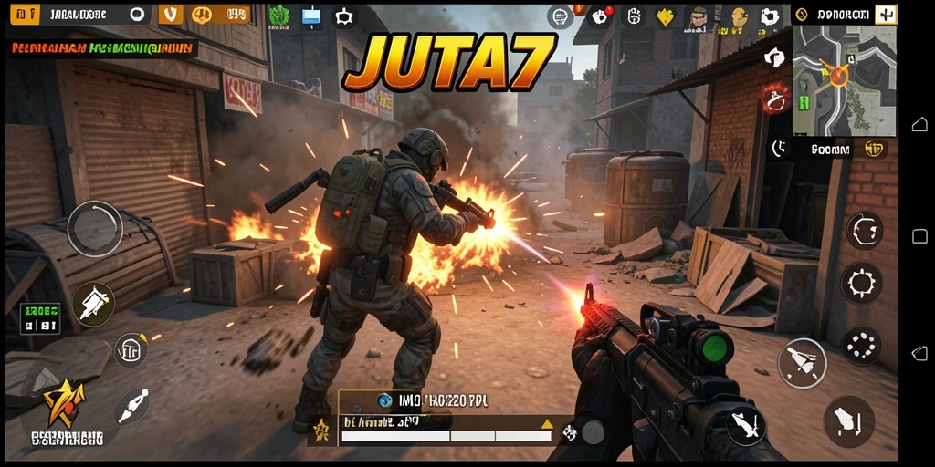 Tangkapan layar gameplay <strong>JUTA7</strong> yang penuh aksi di medan perang.