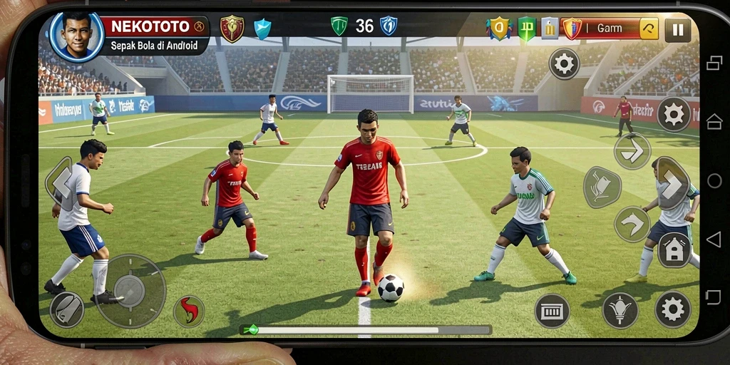 Gameplay NEKOTOTO yang mendebarkan dengan aksi sepak bola.