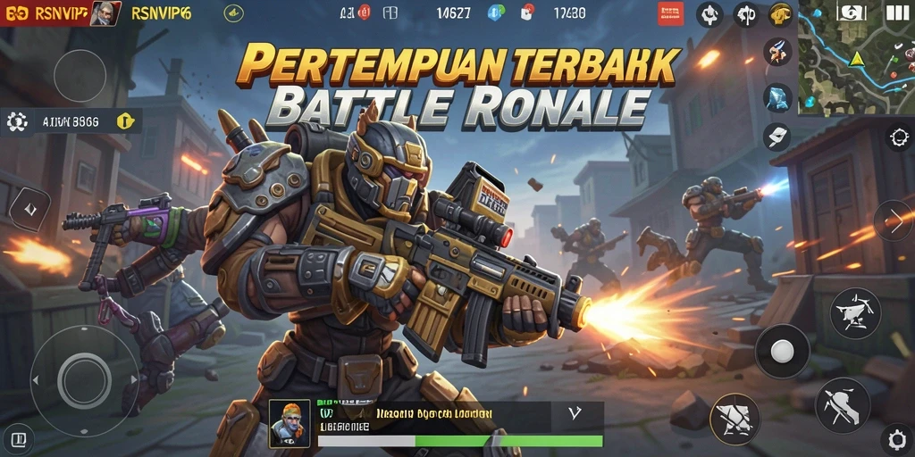 Tampilan gameplay RSNVIP6 dengan aksi menegangkan di medan perang Battle Royale.